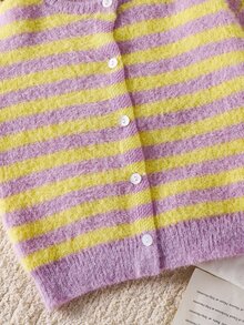 SHEIN Kids Young Girl Knit Contrast Color Striped Round Neck Casual Open Front Cardigan, Suitable For Autumn And Winter - Multicolor - View 8