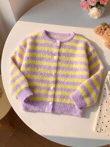SHEIN Kids Young Girl Knit Contrast Color Striped Round Neck Casual Open Front Cardigan, Suitable For Autumn And Winter - Multicolor - View 3