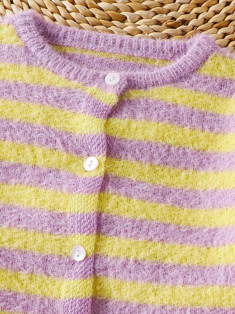 SHEIN Kids Young Girl Knit Contrast Color Striped Round Neck Casual Open Front Cardigan, Suitable For Autumn And Winter - Multicolor - View 7
