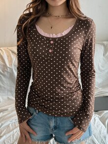 SHEIN Atasan Musim Gugur untuk Remaja Perempuan, Kerah Bergaris Abu-abu & Hitam, Dekorasi Kancing, Hiasan Renda, Lengan Panjang, Kasual dan Serbaguna - MultiWarna - View 1