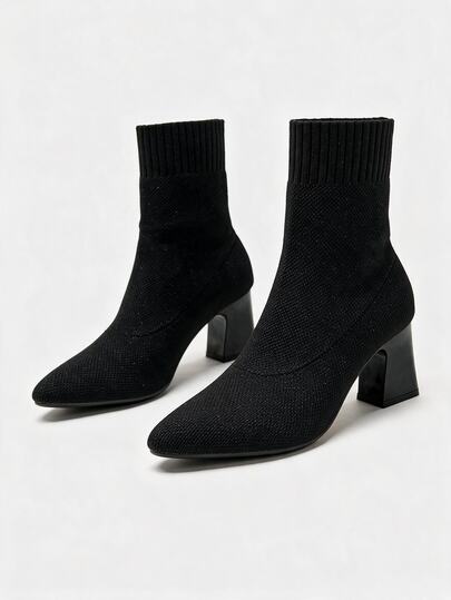 Lumivelle Women's Classic Black Pointed Toe Thick High Heel Ankle Boots, Wedding, Fashionable, Versatile, Elegant, Ladder Design, Non-Slip Sole, Holiday Season