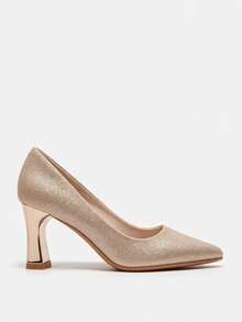 Lumivelle Champagne Pointed Toe Glitter Design Pumps, Bridal Wedding Shoes, Thick Heel High Heels, Comfortable Bridesmaid Shoes - Champagne - View 1