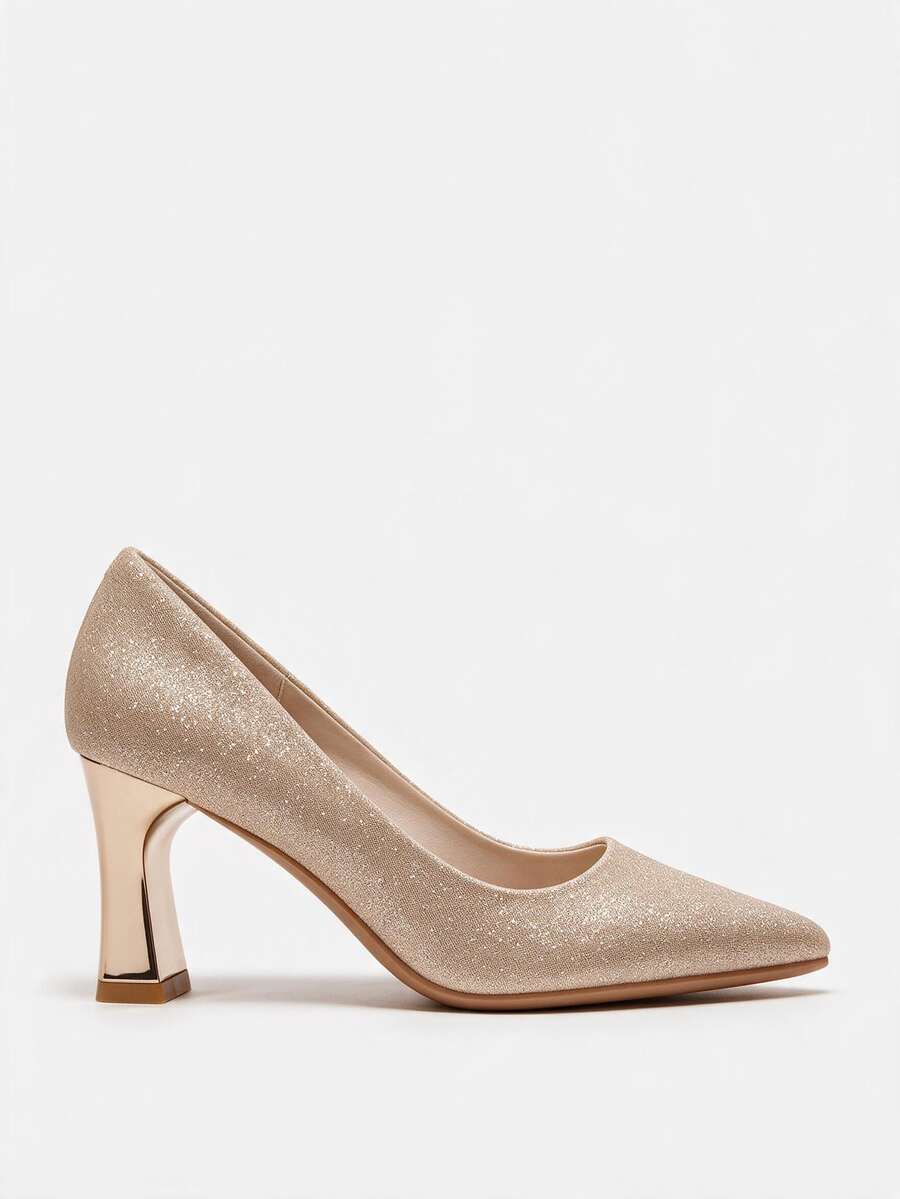 Lumivelle Champagne Pointed Toe Glitter Design Pumps, Bridal Wedding Shoes, Thick Heel High Heels, Comfortable Bridesmaid Shoes - Champagne - View 1