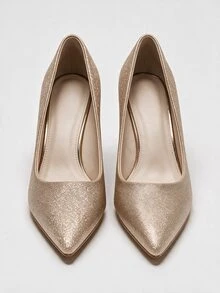 Lumivelle Champagne Pointed Toe Glitter Design Pumps, Bridal Wedding Shoes, Thick Heel High Heels, Comfortable Bridesmaid Shoes - Champagne - View 4