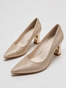 Lumivelle Champagne Pointed Toe Glitter Design Pumps, Bridal Wedding Shoes, Thick Heel High Heels, Comfortable Bridesmaid Shoes - Champagne - View 3
