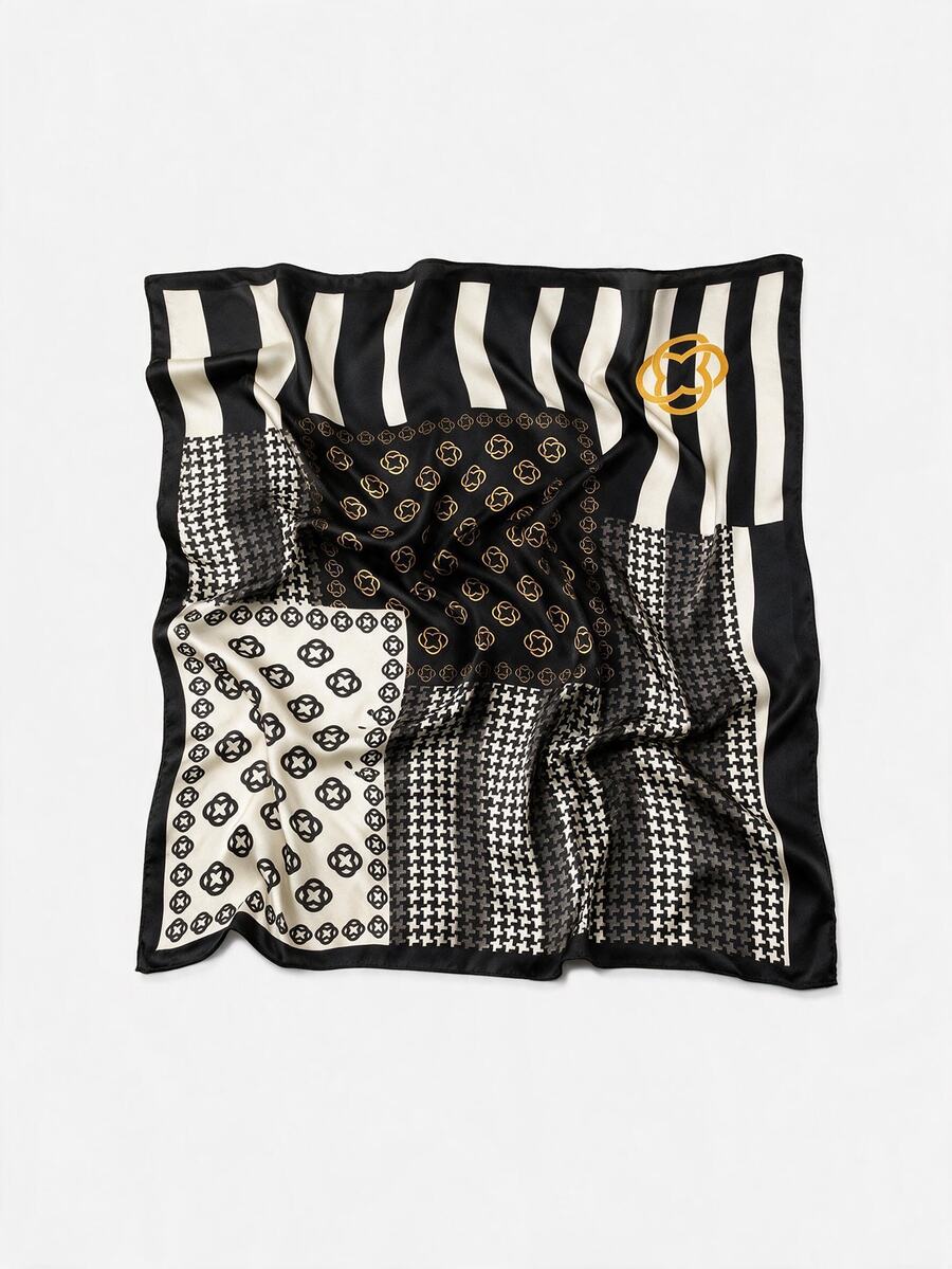 Lumivelle Moderiktig multifunktionell kvadratisk scarf i konstsilke med tryck för kvinnor, hårband/halsduk/väskhandtagstillbehör, 1 st bandana, strand - Svart - Visa 1