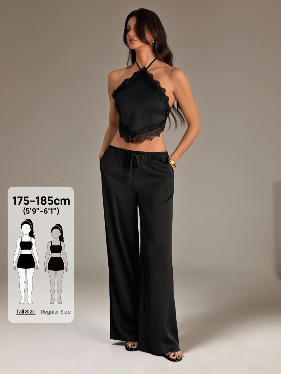 SHEIN Tall Women's Solid Color Contrast Lace Halter Neck Tank Top And Long Pants Fashion 2 Pieces Set - Black - View 1