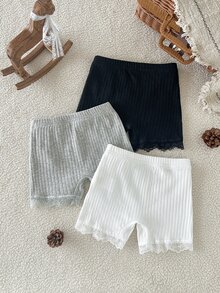 SHEIN 3件組少女針織內褲，秋冬與四季通用，黑/白/灰百搭配色，蕾絲拼接甜美可愛純色彈性舒適棉質高品質三角褲，適合日常、上學、休閒等多種場合 - 彩色 - 查看 3