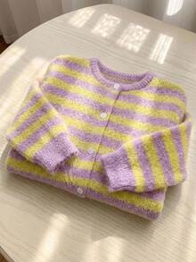 SHEIN Tween Girl Knit Striped Round Neck Casual Cardigan Sweater - Multicolor - View 1