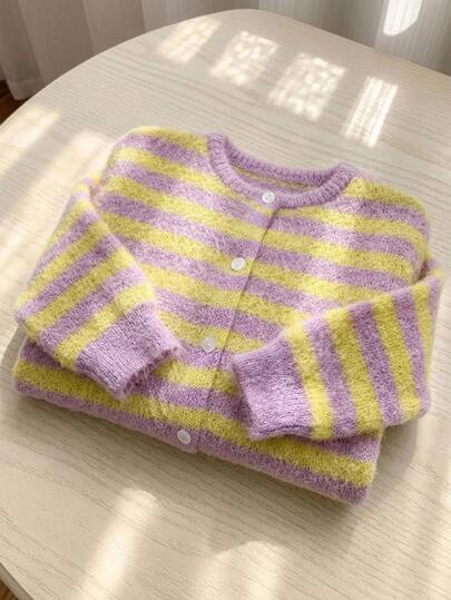 SHEIN Tween Girl Knit Striped Round Neck Casual Cardigan Sweater