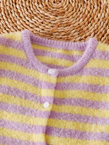 SHEIN Tween Girl Knit Striped Round Neck Casual Cardigan Sweater - Multicolor - View 6