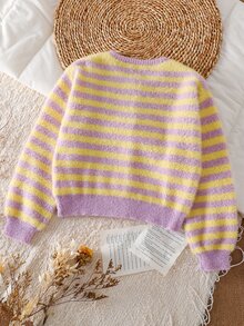 SHEIN Tween Girl Knit Striped Round Neck Casual Cardigan Sweater - Multicolor - View 3