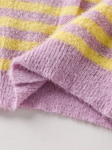 SHEIN Tween Girl Knit Striped Round Neck Casual Cardigan Sweater - Multicolor - View 8