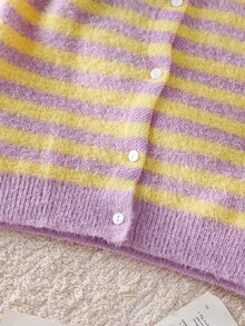 SHEIN Tween Girl Knit Striped Round Neck Casual Cardigan Sweater - Multicolor - View 7