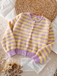 SHEIN Tween Girl Knit Striped Round Neck Casual Cardigan Sweater - Multicolor - View 2