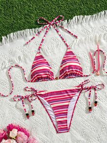 Swim Vcay Summer Vacation Sexy Striped Beaded Halter Backless Triangle Cup Bikini Set - Multicolor - View 2