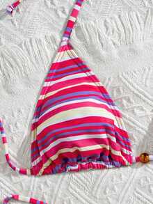 Swim Vcay Summer Vacation Sexy Striped Beaded Halter Backless Triangle Cup Bikini Set - Multicolor - View 4
