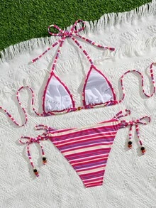 Swim Vcay Summer Vacation Sexy Striped Beaded Halter Backless Triangle Cup Bikini Set - Multicolor - View 3
