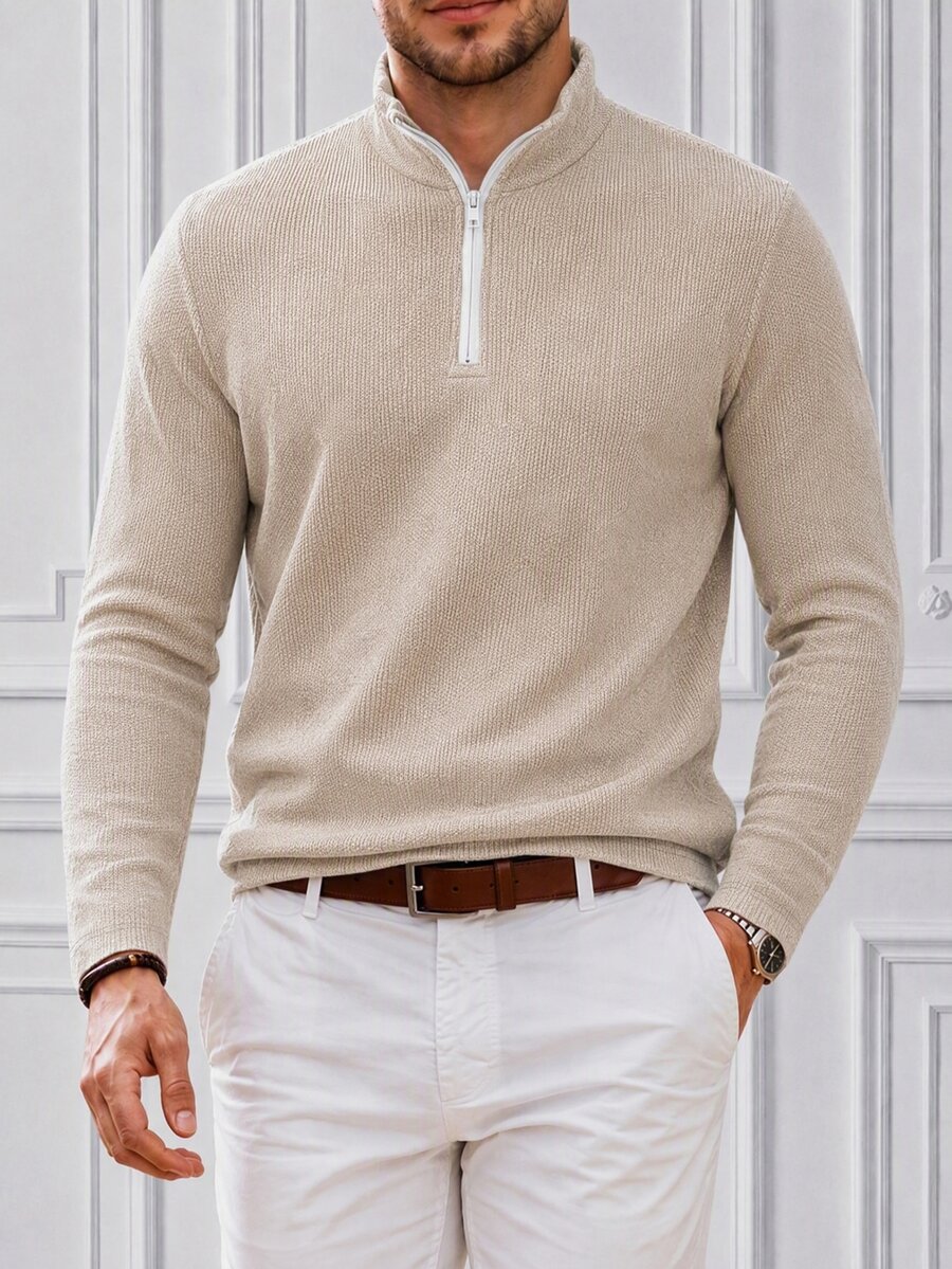 Core Aspect Men's Autumn Casual Solid Color Stand Collar T-Shirt - Apricot - View 1