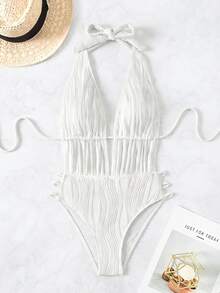 SHEIN Swim 女士纯色露背挂脖连体泳衣，适合海滩/度假，性感连体泳衣，夏季连体泳衣，女士泳装 - 白色 - 查看 3