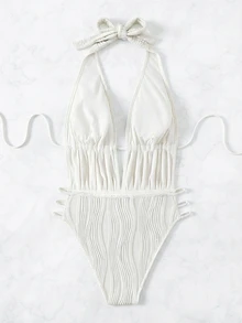 SHEIN Swim 女士纯色露背挂脖连体泳衣，适合海滩/度假，性感连体泳衣，夏季连体泳衣，女士泳装 - 白色 - 查看 5