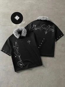 ROMWE MEN Goth Men's Dark Style Fur Collar Cross Rhinestone Polo Vintage Y2K Short Sleeve T-Shirt - Black - View 1