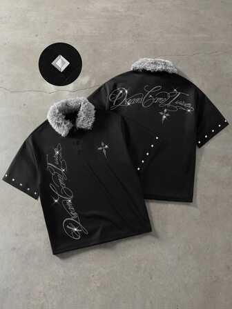 Goth T-shirt polo à manches courtes pour hommes, style sombre, col en fourrure, strass croisés, vintage Y2K
