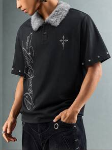 ROMWE MEN Goth Men's Dark Style Fur Collar Cross Rhinestone Polo Vintage Y2K Short Sleeve T-Shirt - Black - View 9