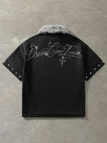 ROMWE MEN Goth Men's Dark Style Fur Collar Cross Rhinestone Polo Vintage Y2K Short Sleeve T-Shirt - Black - View 3