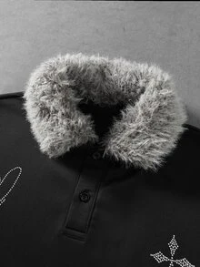 ROMWE MEN Goth Men's Dark Style Fur Collar Cross Rhinestone Polo Vintage Y2K Short Sleeve T-Shirt - Black - View 4