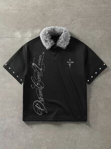 ROMWE MEN Goth Men's Dark Style Fur Collar Cross Rhinestone Polo Vintage Y2K Short Sleeve T-Shirt - Black - View 8