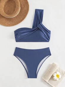 SHEIN Swim Conjunto de bikini separado de un solo hombro con nudo retorcido de unicolor para mujer, bikini de verano sexy - Neblina azul - Ver 4