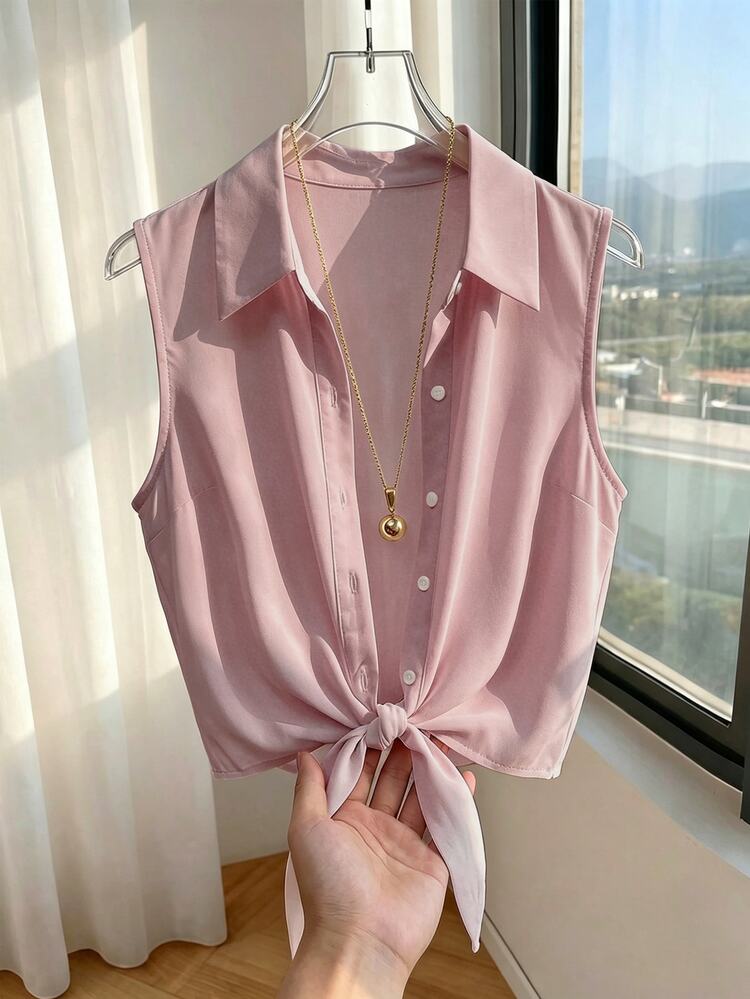 Franclia Women's Spring & Summer New Elegant French Minimalist White Collared Sleeveless Blouse – Single-Breasted Hem Tie Design, Lightweight Breathable Slim-Fit Shirt For Spring & Summer - Pink - View 1