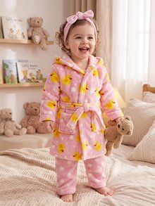 SHEIN Kids Infant Cute Cartoon Duck Pattern Fluffy Loungewear Pajamas - Pink - View 1