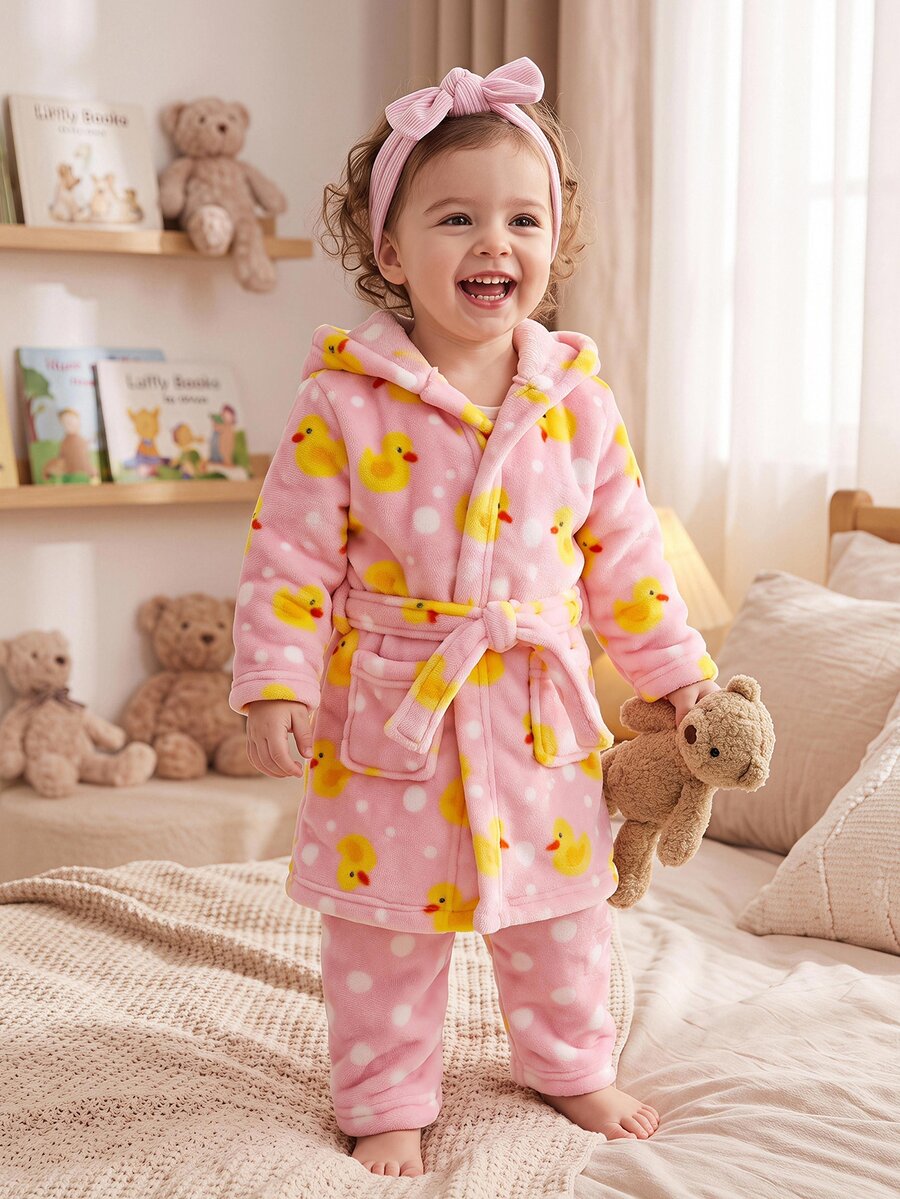 SHEIN Kids Infant Cute Cartoon Duck Pattern Fluffy Loungewear Pajamas - Pink - View 1