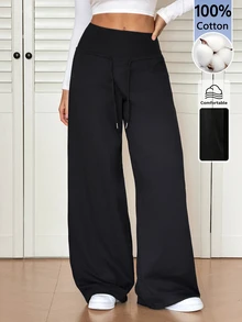 SHEIN Tall Plain Black Knit Fleece Drawstring Waist Loose Sweatpants, Autumn Graduation Lounge Casual Basic - Black - View 8