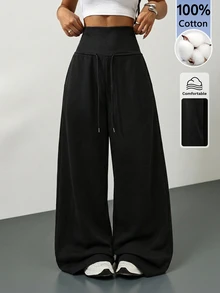 SHEIN Tall Plain Black Knit Fleece Drawstring Waist Loose Sweatpants, Autumn Graduation Lounge Casual Basic - Black - View 2