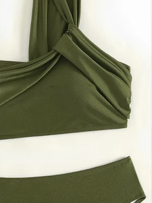 Costavie Women's Summer Beach Solid Color One Shoulder Sexy Bikini And Triangle Bottom Two-Piece Swimwear Set - Olive Green - View 4