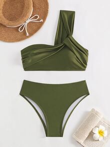 Costavie Women's Summer Beach Solid Color One Shoulder Sexy Bikini And Triangle Bottom Two-Piece Swimwear Set - Olive Green - View 5