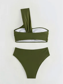 Costavie Women's Summer Beach Solid Color One Shoulder Sexy Bikini And Triangle Bottom Two-Piece Swimwear Set - Olive Green - View 2