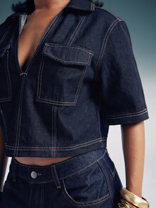 Denimoi Women's Short Sleeve Utility Pocket Loose Casual Denim Top - Dark Wash - View 2