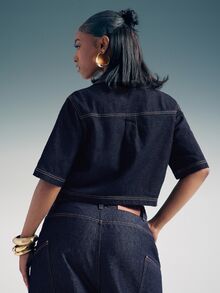 Denimoi Women's Short Sleeve Utility Pocket Loose Casual Denim Top - Dark Wash - View 5