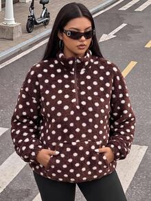 Comfortcana Dark Green Plus Size Autumn/Winter Apricot Long Fur Mock Neck Half-Zip Sweatshirt - Brown - View 3