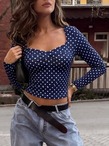SHEIN Polka Dot Print Sweetheart Neck Ruched Bust Crop Tee - Navy Blue - View 5