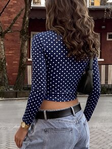 SHEIN Polka Dot Print Sweetheart Neck Ruched Bust Crop Tee - Navy Blue - View 2