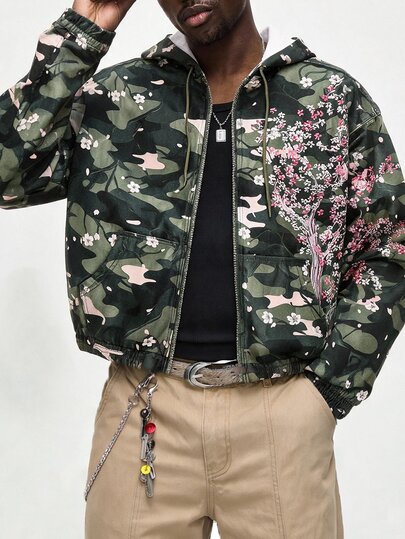 ROMWE MEN Street Life Men's Vintage Camouflage Cherry Blossom Heavy Embroidery Hooded Denim Jacket, Personalized Camouflage Fabric With Side Plum Blossom Embroidery, Short Jacket, Y2K High Street Style, Elastic Hem, Zipper Closure, Spring/Autumn Streetwear Bad Boy Workwear Casual Top