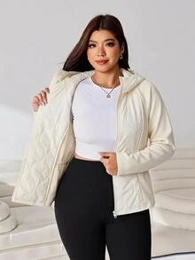 SHEIN EZwear 大尺碼落肩袖連帽冬季外套休閒賽車風 - 杏色 - 查看 5