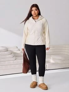 SHEIN EZwear 大尺碼落肩袖連帽冬季外套休閒賽車風 - 杏色 - 查看 3