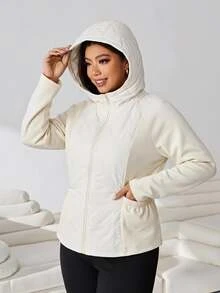 SHEIN EZwear 大尺碼落肩袖連帽冬季外套休閒賽車風 - 杏色 - 查看 4