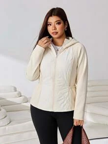 SHEIN EZwear 大尺碼落肩袖連帽冬季外套休閒賽車風 - 杏色 - 查看 2